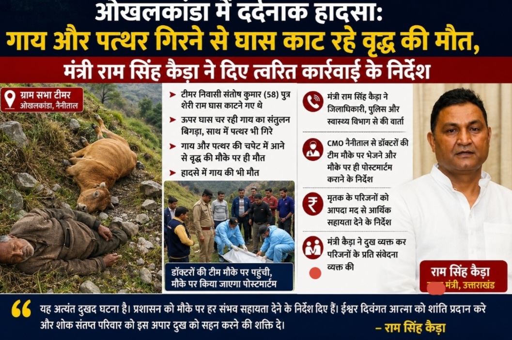 ओखलकांडा में दर्दनाक हादसा: गाय और पत्थर गिरने से घास काट रहे वृद्ध की मौत, मंत्री राम सिंह कैड़ा ने दिए त्वरित कार्रवाई के निर्देश
