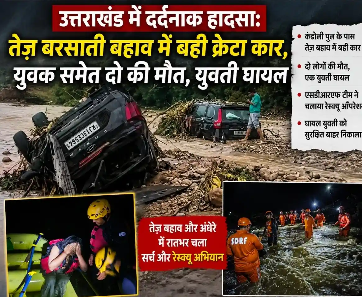 उत्तराखंड में दर्दनाक हादसा: तेज बरसाती बहाव में बही क्रेटा कार, युवक समेत दो की मौत, युवती घायल