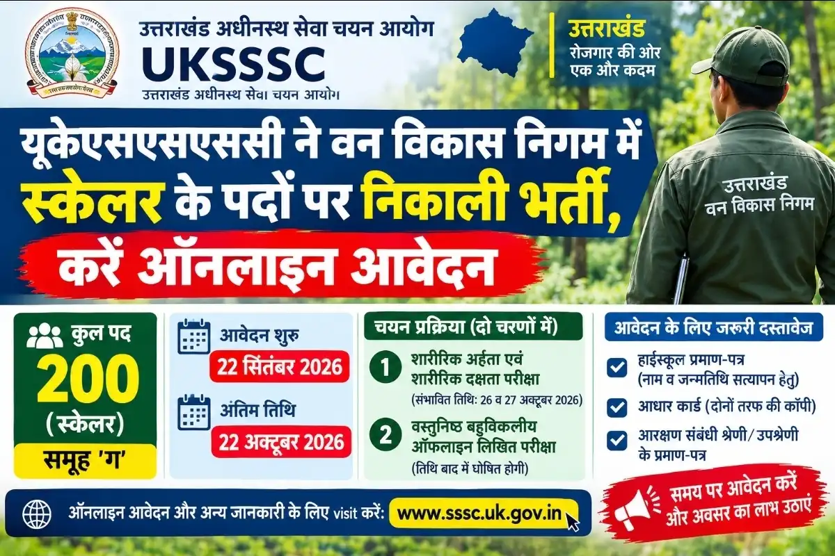 यूकेएसएसएससी ने वन विकास निगम में स्केलर के पदों पर निकाली भर्ती, इस  तारीख से शुरू होंगे ऑनलाइन आवेदन